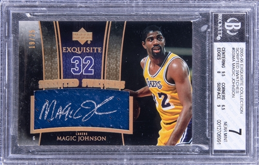 2005-06 UD "Exquisite Collection" Scripted Swatches #SSMA Magic Johnson Signed Game Used Patch Card (#19/25) - BGS NM 7/BGS 10